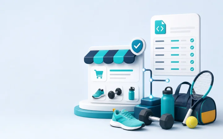 Zoneo illustration connecting sports products with a shop and a product feed